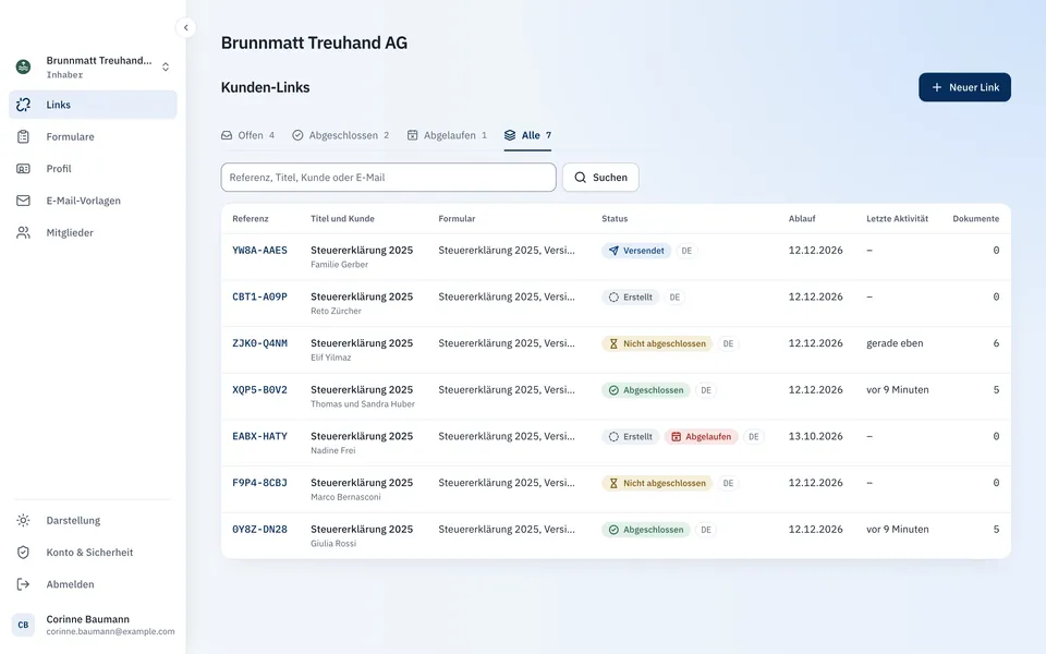 Übersicht der Kunden-Links eines Beispielbüros mit den Status Erstellt, Versendet, Nicht abgeschlossen und Abgeschlossen
