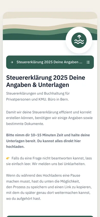 Startseite des Kundenformulars auf dem Handy, mit Logo und Banner des Beispielbüros