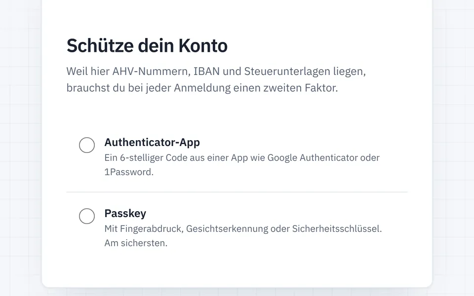 Einrichtung des zweiten Faktors mit der Wahl zwischen Authenticator-App und Passkey