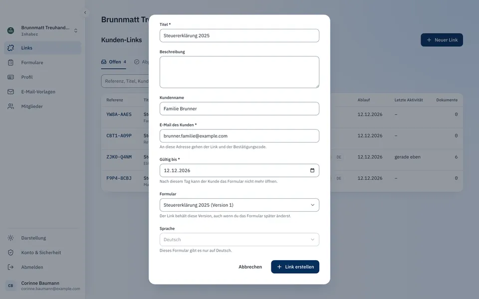 Dialog «Neuer Link» mit Titel, Kundenname, E-Mail-Adresse, Formular und Ablaufdatum