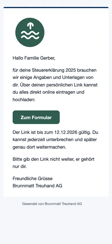 E-Mail an den Kunden auf dem Handy, mit Logo des Büros und Button zum Formular