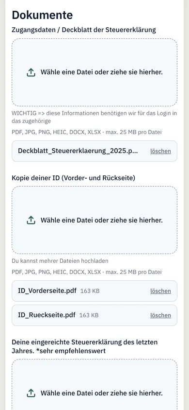 Dokumente-Schritt mit hochgeladenen Belegen