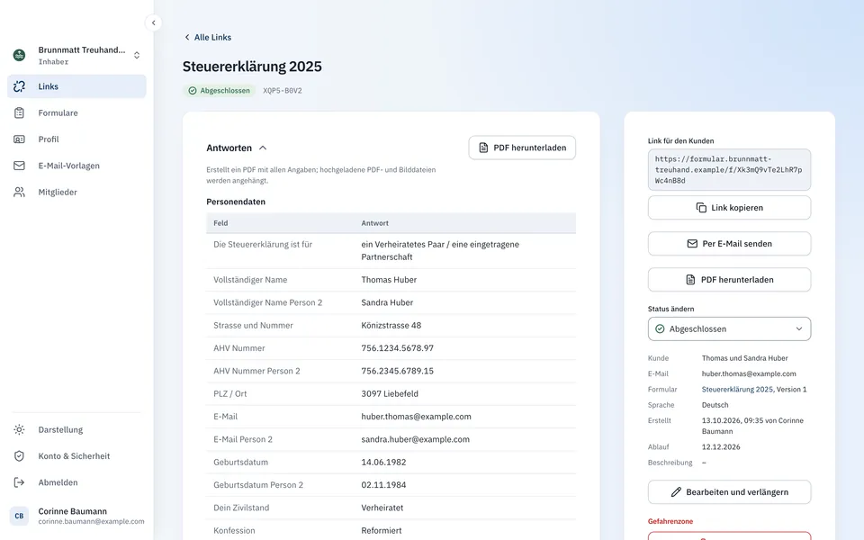 Abgeschlossener Fall mit Antworten, Status Abgeschlossen und Button «PDF herunterladen»